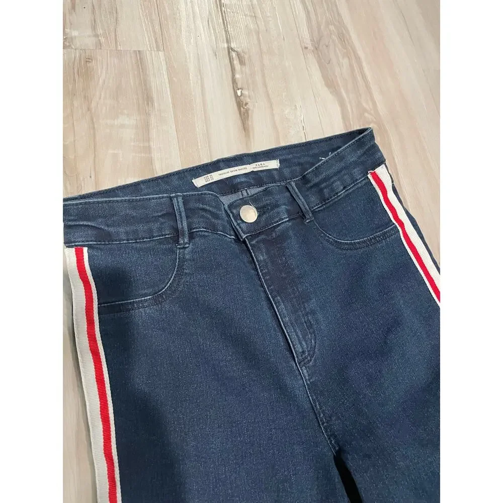 Zara Trafaluc dark skinny jeans red and white striped distressed denim size 4